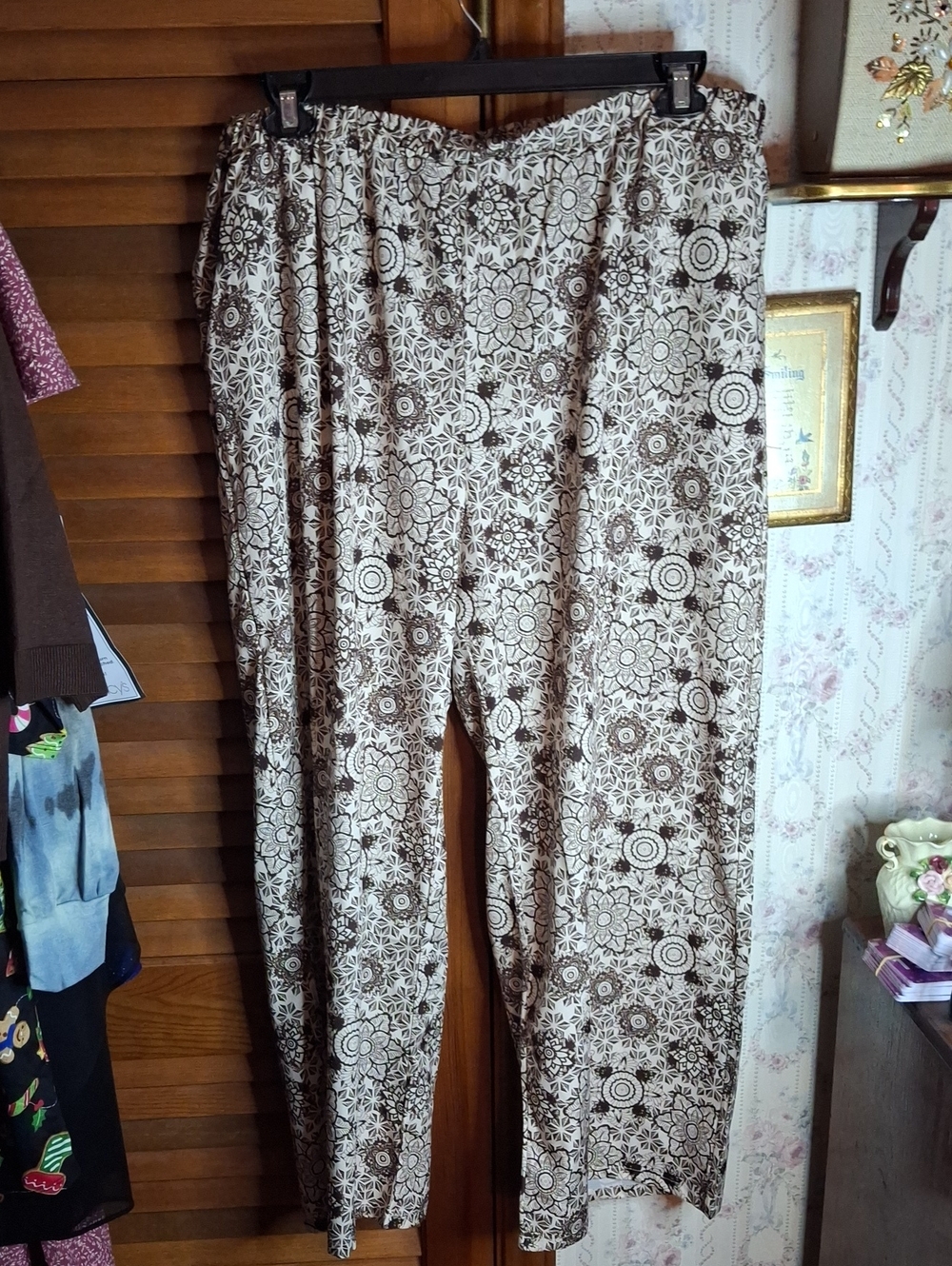Floral Print Elastic-Waist Pants - Cream & Brown 3xl NWOT